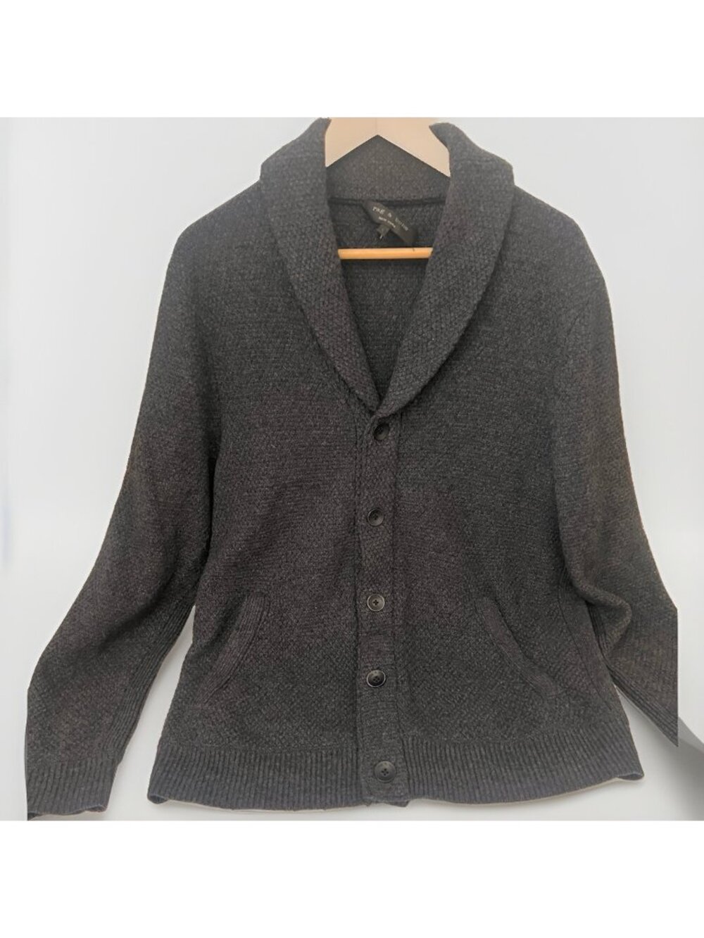 Rag & Bone Shawl Collar Cardigan Sweater Men's Large Gray 100% Merino Wool.   I